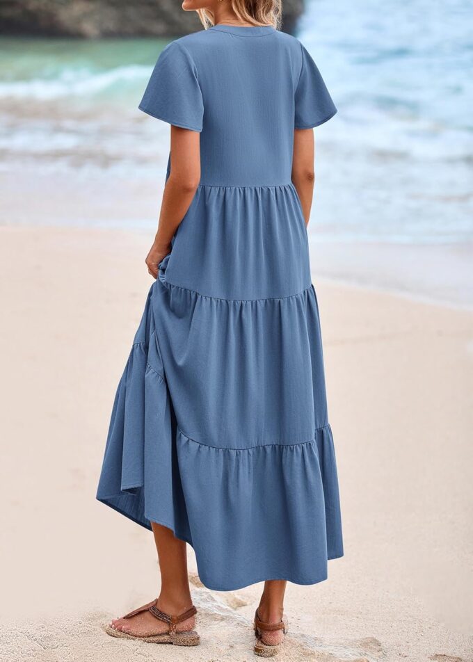 KIRUNDO Summer Maxi Dresses for Women 2025 Spring Fashion Short Sleeve Button V Neck Pleated Loose Tiered Swing Flowy Dress – Bild 2