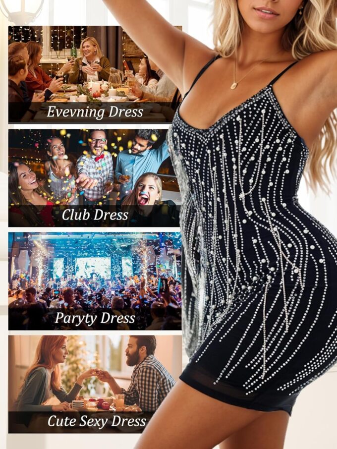 Sparkly Sequin Black Tassel Dress for Teens V Neck Short Prom Dress Glitter Bodycon Mini Dress Night Club Party Dress – Bild 5