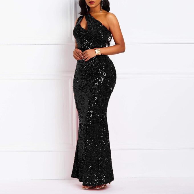 VERWIN Sequins Fashion Sleeveless Oblique Collar Mermaid Women's Maxi Dress Bodycon Dress Party Dress – Bild 3