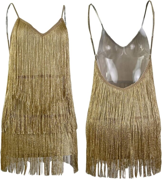 Aopwsrlyi Sparkly Tassels Fringe Dress for Women Sexy Deep V Neck Backless Sequin Mini Dress Party Evening Cocktail Dress – Bild 4