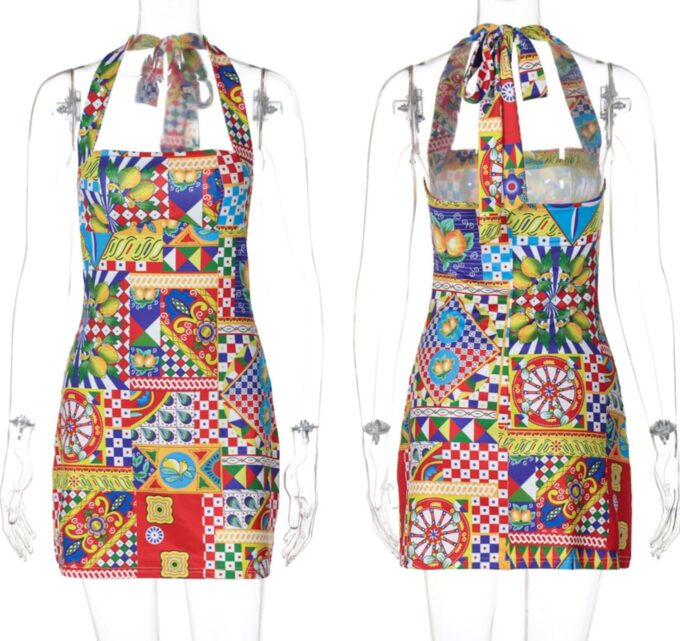 Women's Sexy Halter Tropical Printed Mini Dress Sleeveless A Line Bodycon Dress Backless Party Vacation Dresses – Bild 7
