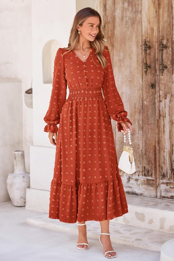 MASCOMODA Women Maxi Dress 2025 Fall Long Sleeve V Neck Swiss Dot Boho Smocked High Waisted A-Line Tiered Flowy Long Dresses – Bild 3