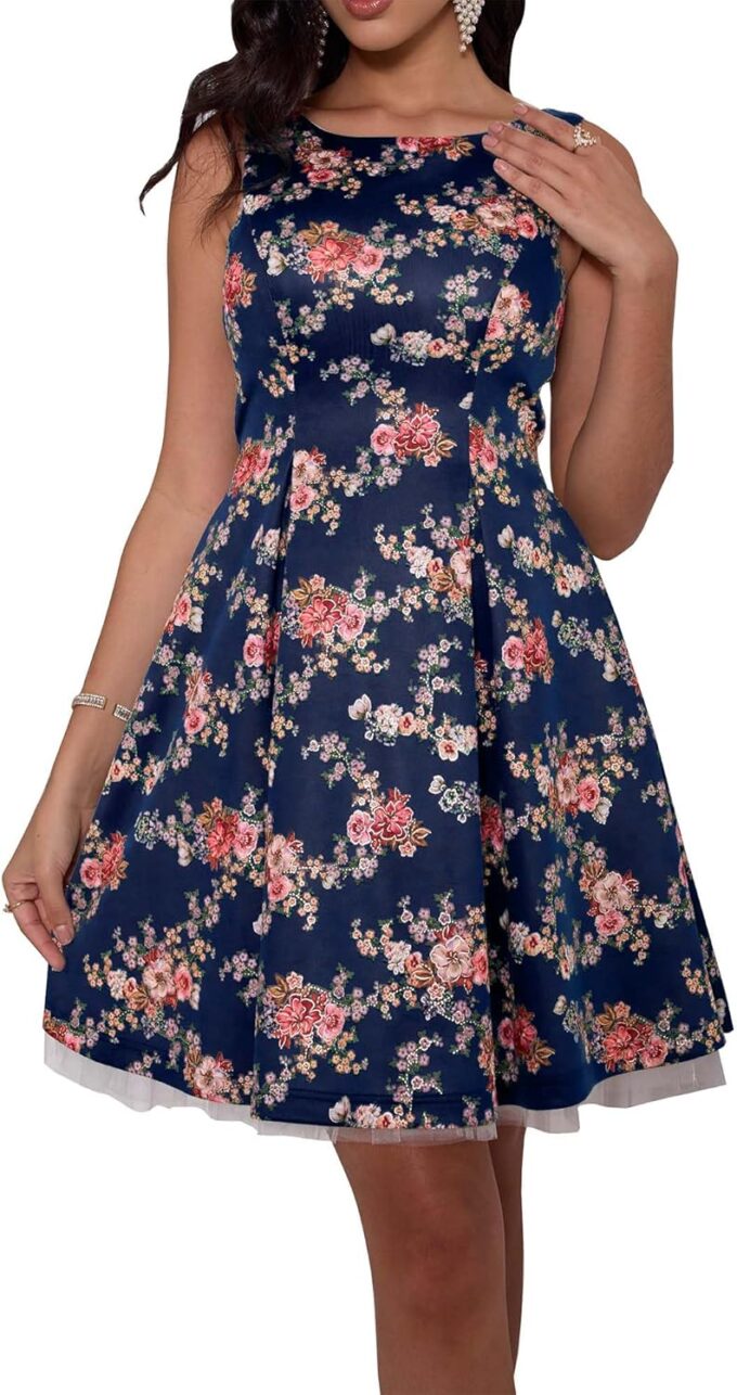 Angel-fashions Women's Green Tea Party Dress Floral Vintage Swing Sleeveless Formal Cocktail Dress Midi Wedding Guest Dress