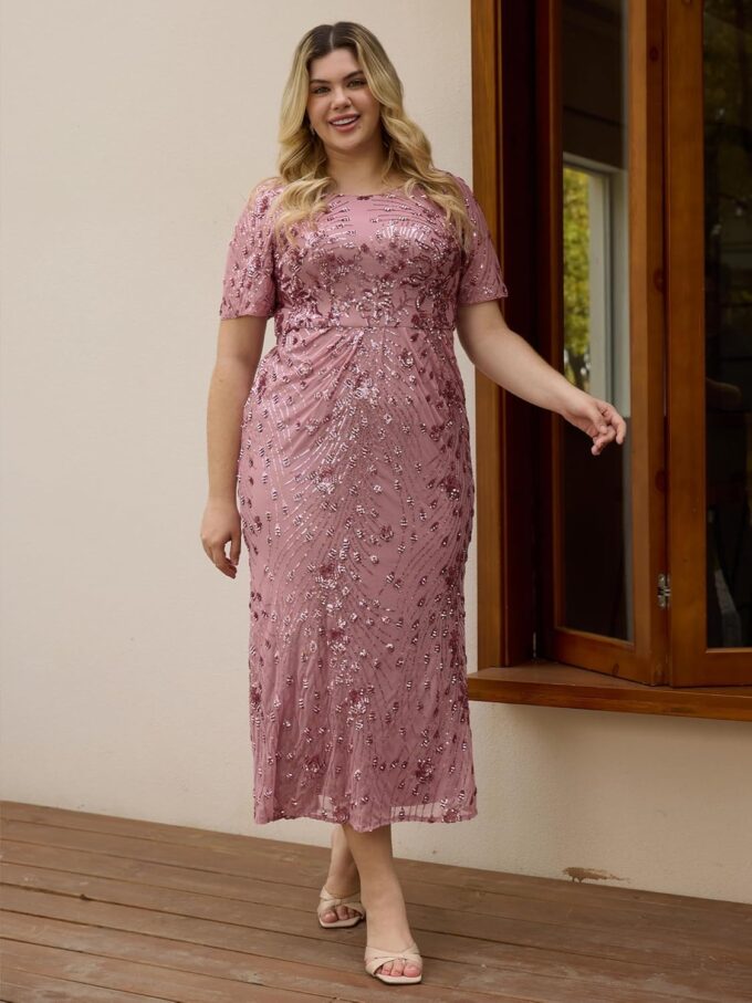 Ever-Pretty Plus Women's Round Neck Short Sleeves Bodycon Stretchy Gorgeous Sequin Maxi Evening Gown Plus Size Formal Dresses – Bild 3