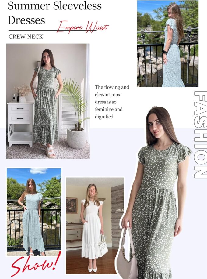 AUSELILY Womens Summer Maxi Dresses 2025 Casual Ruffle Sleeve Crewneck Loose Flowy Tiered Beach Sundress with Pockets – Bild 5