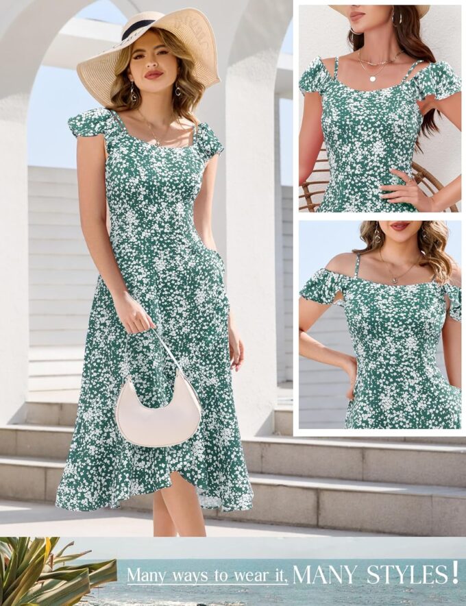 Aupuls Women Off Shoulder Summer Floral Dress 2025 Casual Beach Vacation Midi Dresses – Bild 5