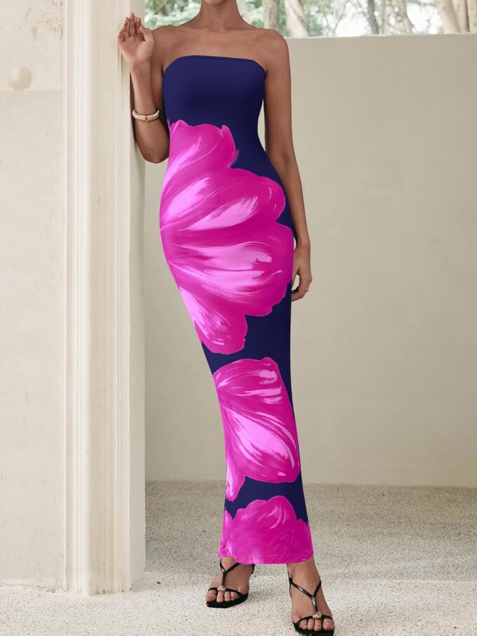 PRETTYGARDEN Women Summer Strapless Maxi Dress Bodycon Floral Sexy Long Wedding Guest Dress Formal Tube Mesh Cocktail Dresses – Bild 4