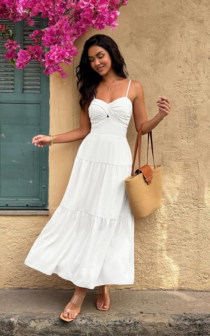 ECOWISH Women's Summer Strapless Maxi Dress 2025 Off Shoulder Hollow Out Smocked A Line Tube Tiered Long Dresses – Bild 3