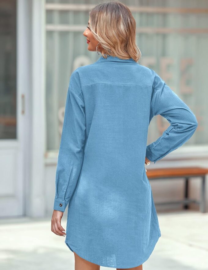 Zeagoo Women Summer Dress Cotton Linen Shirt Dress Button Down Tunic Dress Beach Cover Up Dress – Bild 4
