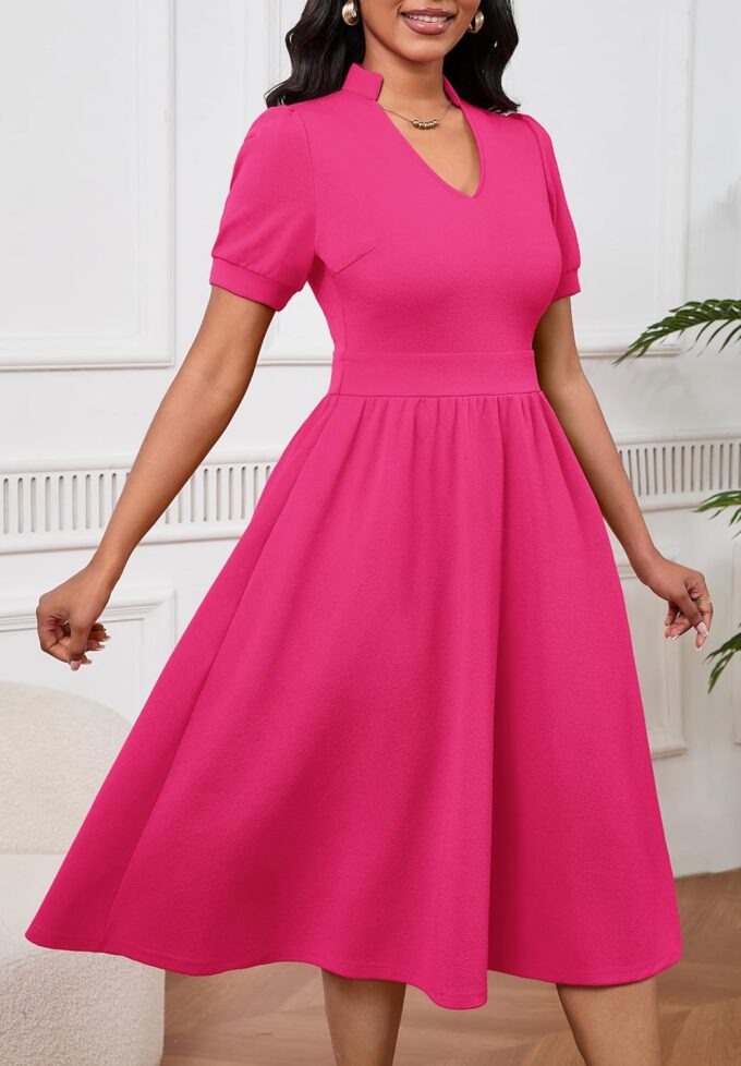 Women Dresses Short Sleeve Semi-Formal Knee Length V Neck Casual Ladies Dress – Bild 3