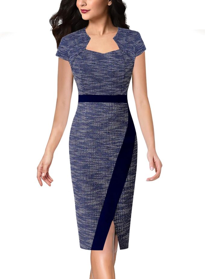 VFSHOW Damen Bleistiftkleid mit quadratischem Ausschnitt, Patchwork-Schlitz vorne 2023, Arbeit, Büro, figurbetont, Bleistiftkleid