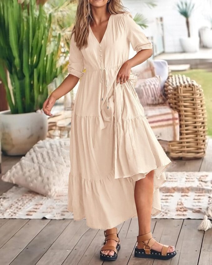 BTFBM Women Summer Dresses Short Sleeves V Neck Button Drawstring Maxi Dresses Solid Color Boho Long Dresses – Bild 6