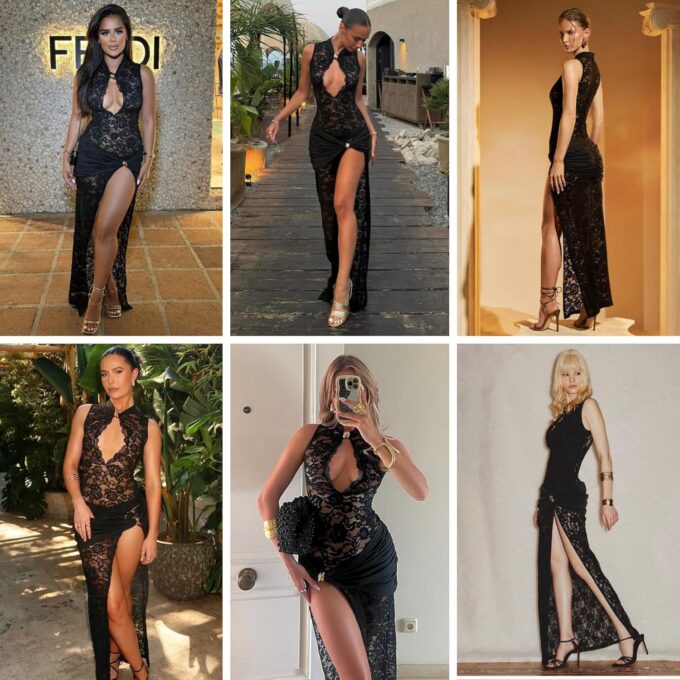 JUMISEE Women’s Sexy High Slit See Through Lace Maxi Dress Sleeveless Hollow Out Bodycon Cocktail Dress Evening Gown – Bild 4
