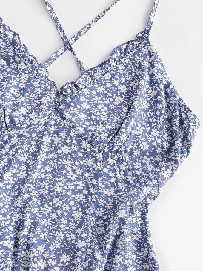 ZAFUL Women's Spaghetti Strap Ditsy Floral Mini Dress V-Neck Cross Back Ruched Frilled A-Line Dresses – Bild 6