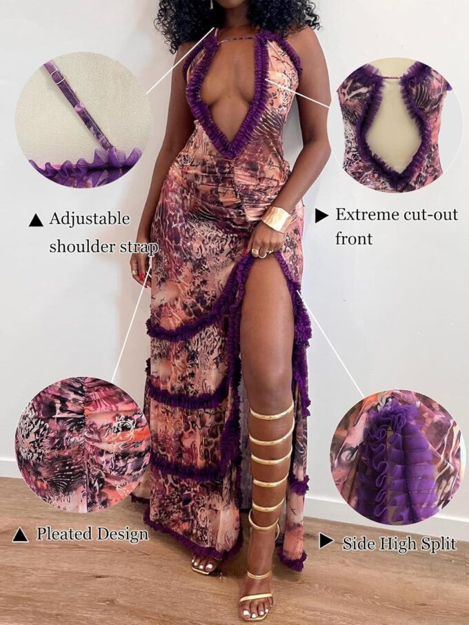 Women's Purple Sleeveless Mesh Dress Sexy Deep V Dress High Slit Maxi Mesh Club Party Dresses – Bild 6