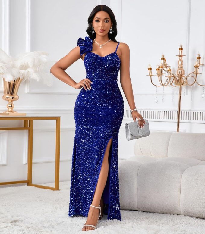 Cololura Women Sexy Elegant Sequin High Split Ruffled Hem Mermaid Party Cocktail Bodycon Formal Evening Gowns Maxi Dress – Bild 2