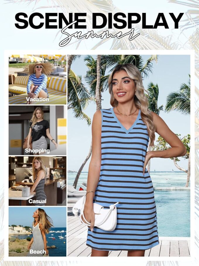 VIISHOW Women's Summer Dress Striped Print Sleeveless V Neck Tank Dress Loose Sundress Casual Dress for Women with Pockets – Bild 7