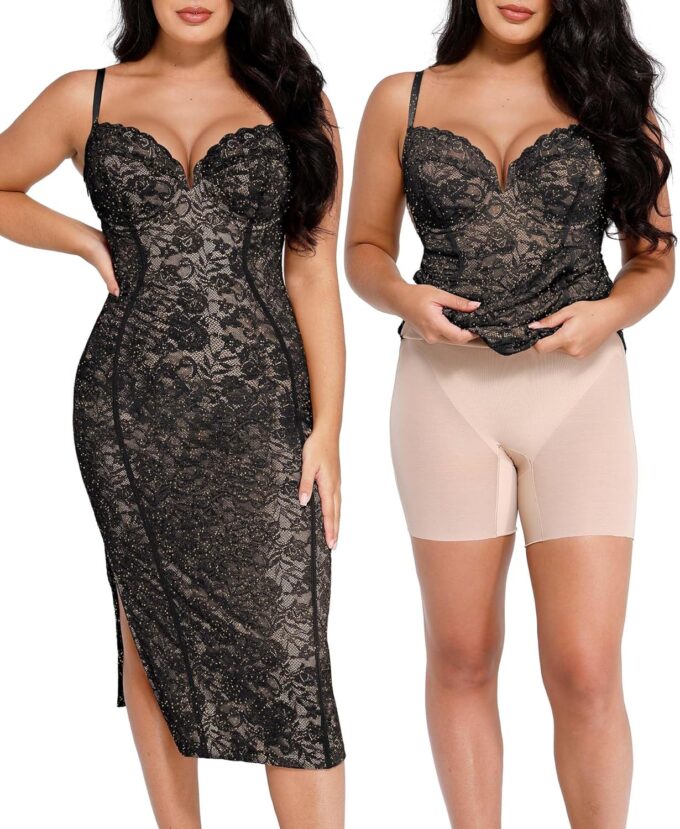 Popilush Lace Cocktail Dresses for Women - Formal Party Corset Shapewear Dress Deep V Neck Midi Dress with Side Slit