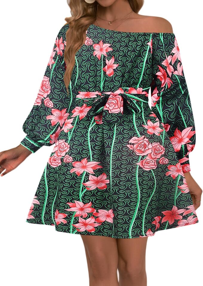 Vimoisa Women Sexy Boho African Short Dress One Shoulder Oblique Neck Dress Pleated Dress Floral Print Long Sleeve Top
