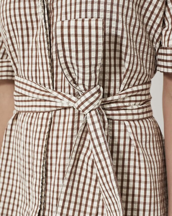Women's Half Sleeve Plaid Midi Dress Collar V Neck Belted Casual Button Down Long Loose Dress – Bild 2