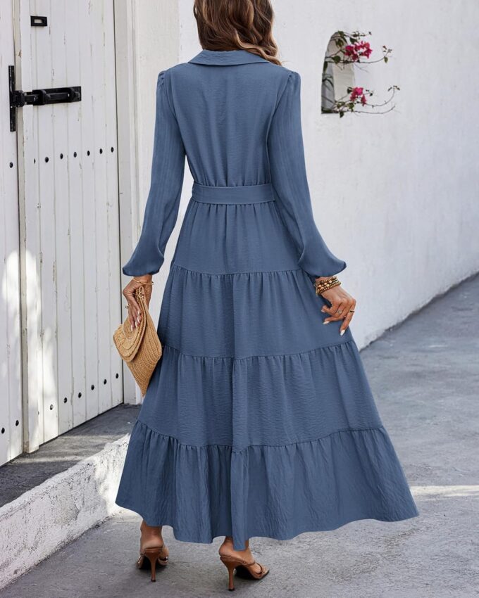 dowerme Women's Long Sleeve Dress 2025 Button Down Belted A-Line Flowy Fall Outfits Ruffle Maxi Holiday Party Dresses – Bild 5