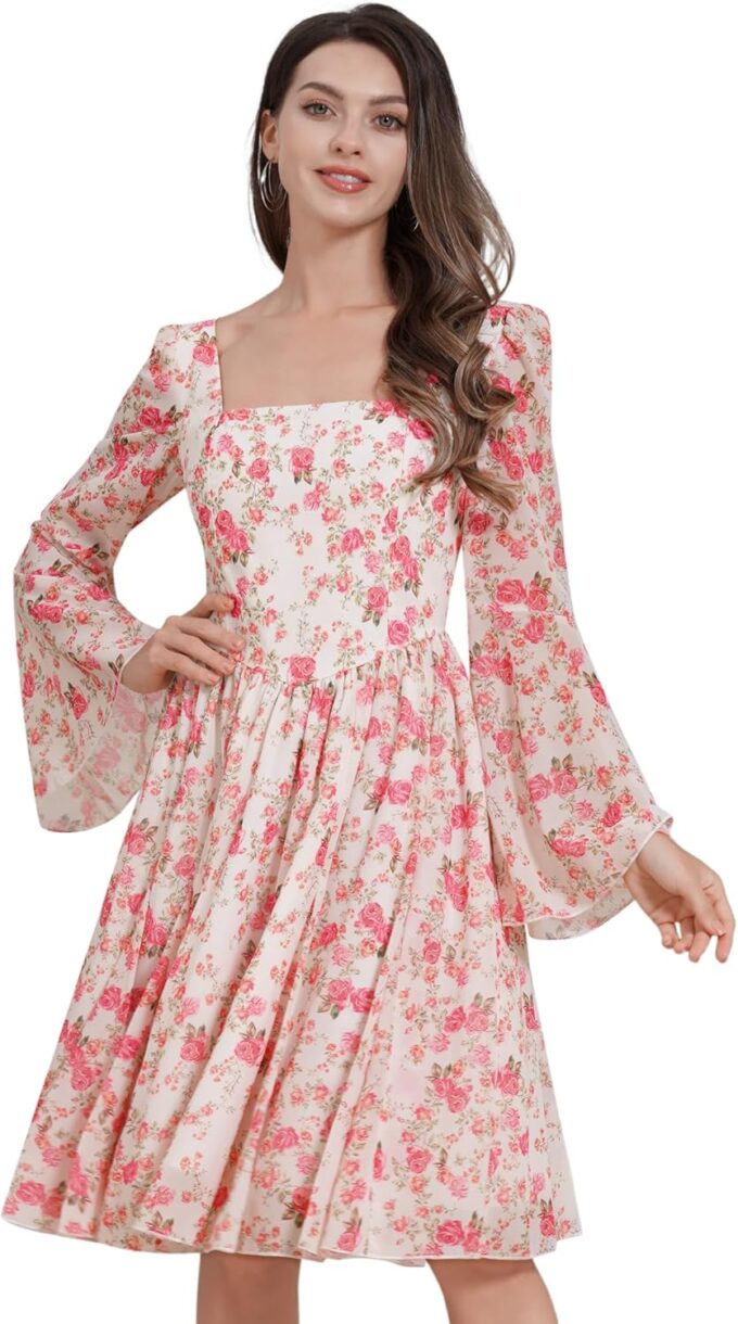 Fall Wedding Guest Dresses for Women Floral Chiffon Dresses Long Bell Sleeve Square Neck Short Ruffle Dress – Bild 2