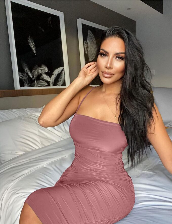 BEAGIMEG Women's Sexy Bodycon Sleeveless Spaghetti Strap Ruched Club Party Cocktail Midi Dress – Bild 6