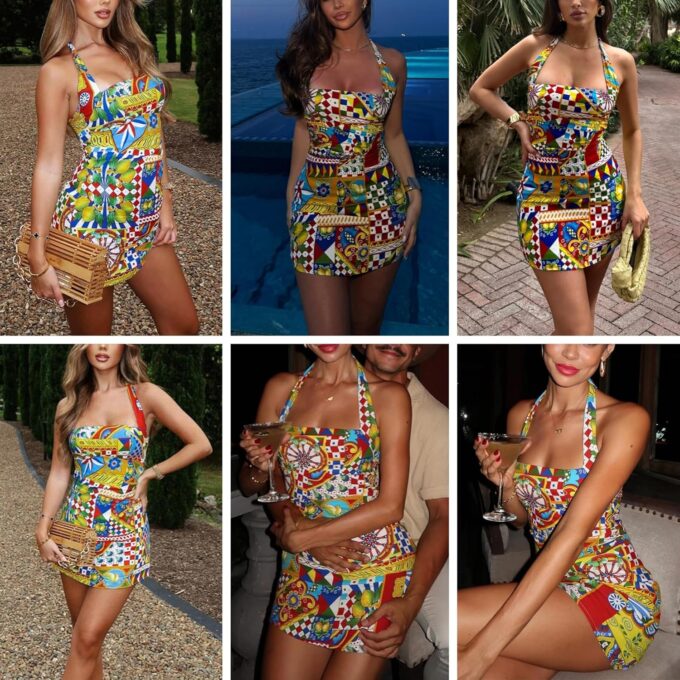 Women's Sexy Halter Tropical Printed Mini Dress Sleeveless A Line Bodycon Dress Backless Party Vacation Dresses – Bild 5