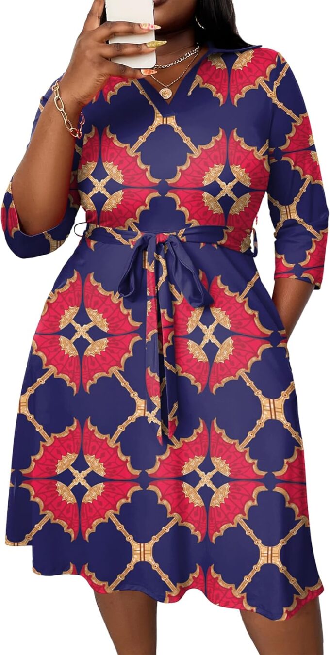 FANDEE Plus Size Midi Dress for Women - Printing Summer Dresses for Wedding Guest Cocktail Party 3/4 Sleeve V Neck（XL-5XL） – Bild 6