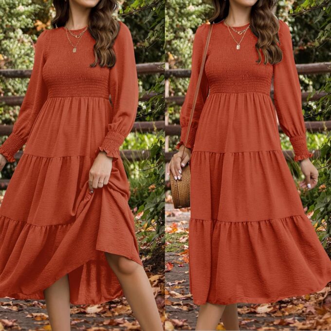 Women's Casual Long Sleeve Fall Dress Crew Neck Smocked Hight Waist Flowy Maxi Tiered Dresses – Bild 2