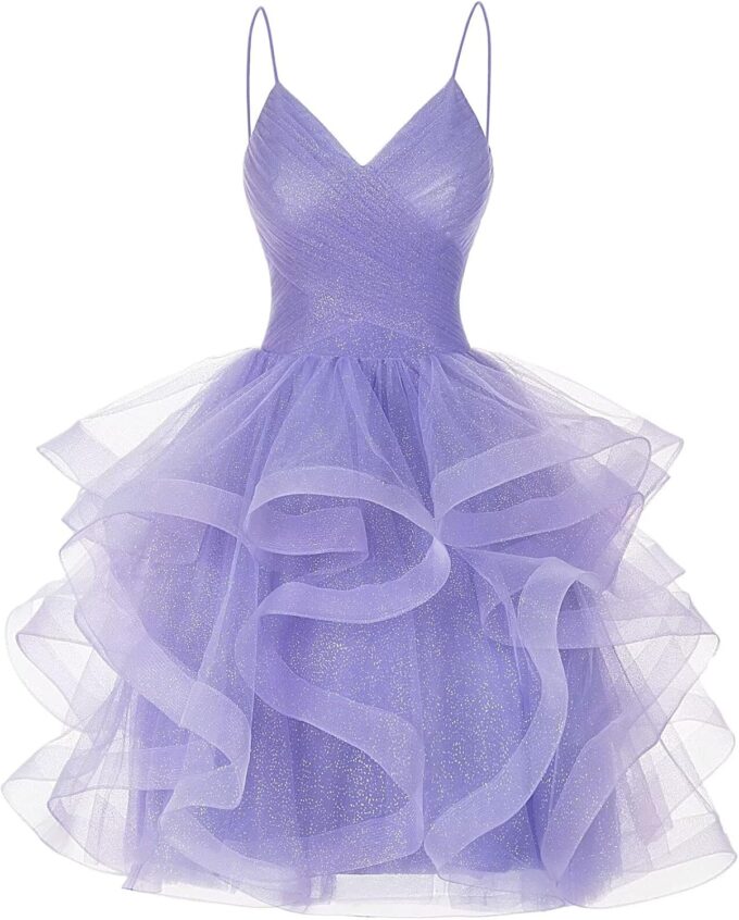 YOFF Glitter Tulle Tiered Short Homecoming Dresses for Juniors 2025 Ruffle A-Line Spaghetti Straps Prom Cocktail Dress YO067