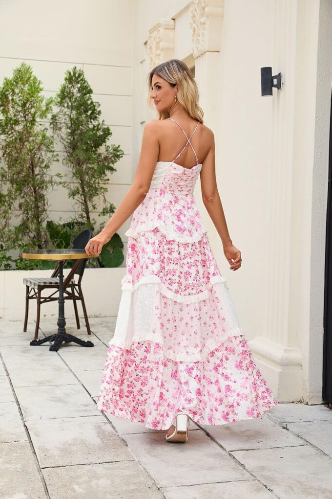 Women Floral Patchwork Maxi Dress V Neck Sleeveless Cross Back Spaghetti Strap Tiered Sundress Summer Long Dress – Bild 7