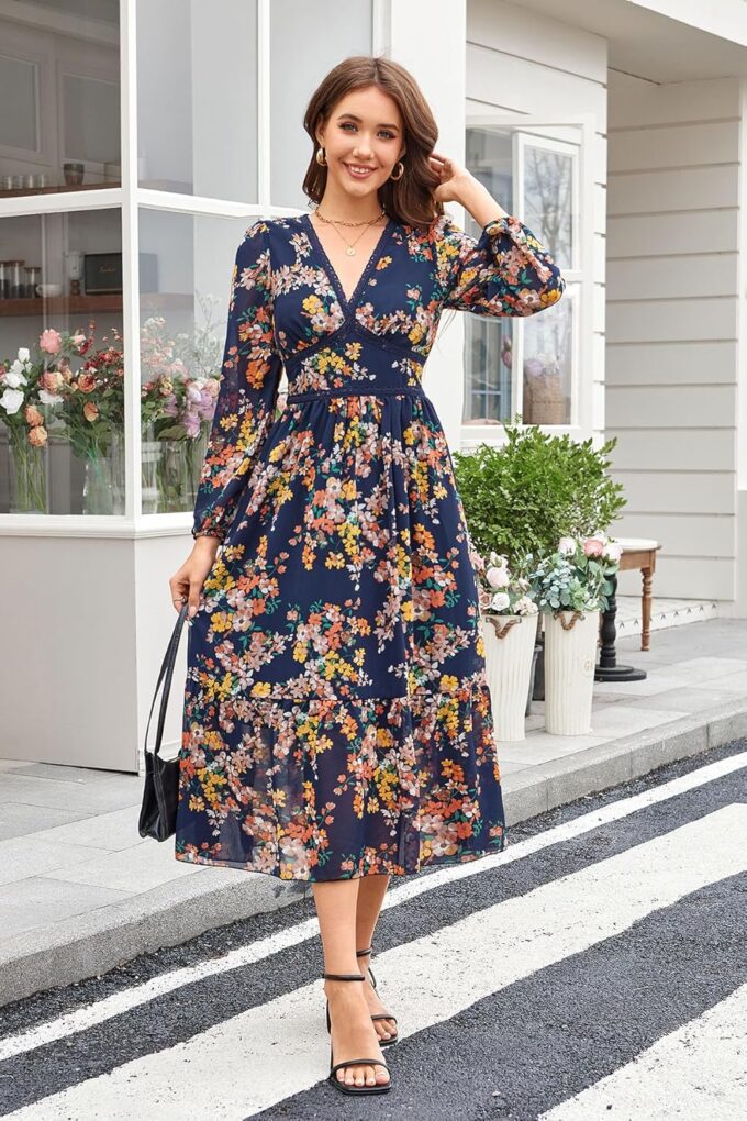 Women's Spring Wrap Maxi Dress Floral V Neck Long Sleeve Wedding Guest Party Casual Chiffon Dress – Bild 2