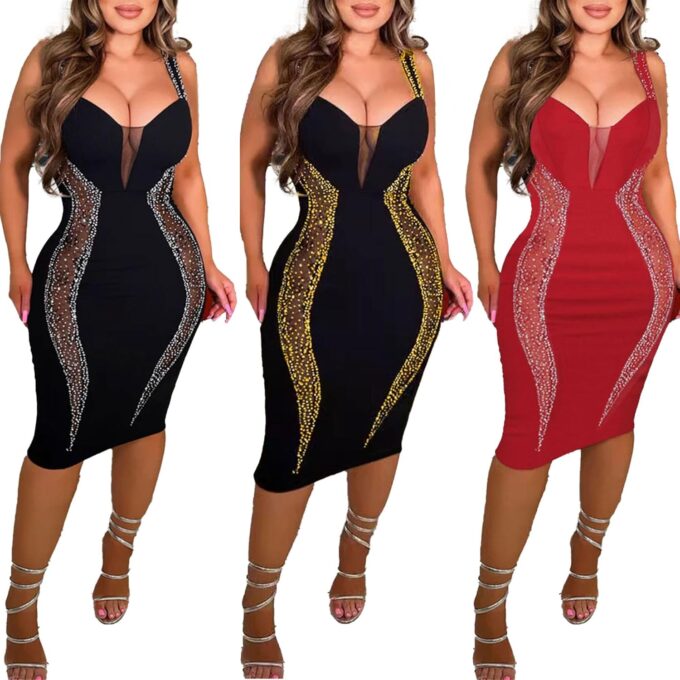 PORRCEY Women's Sexy Elegant Rhinestone Bodycon Party Club Night Dresses Hot Drilling Clubwear – Bild 4