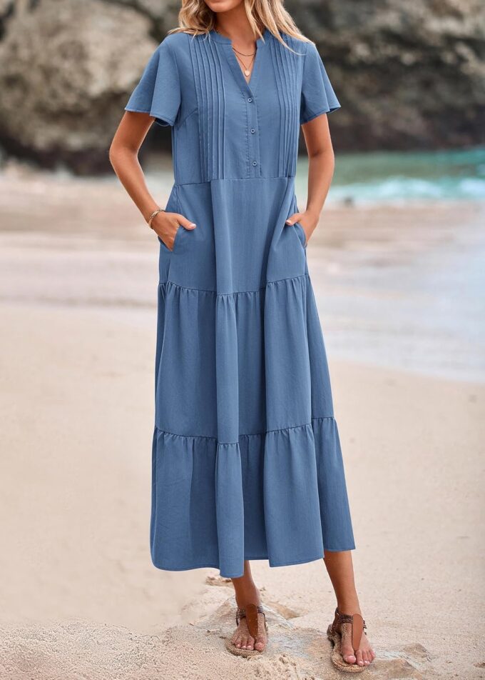 KIRUNDO Summer Maxi Dresses for Women 2025 Spring Fashion Short Sleeve Button V Neck Pleated Loose Tiered Swing Flowy Dress – Bild 5