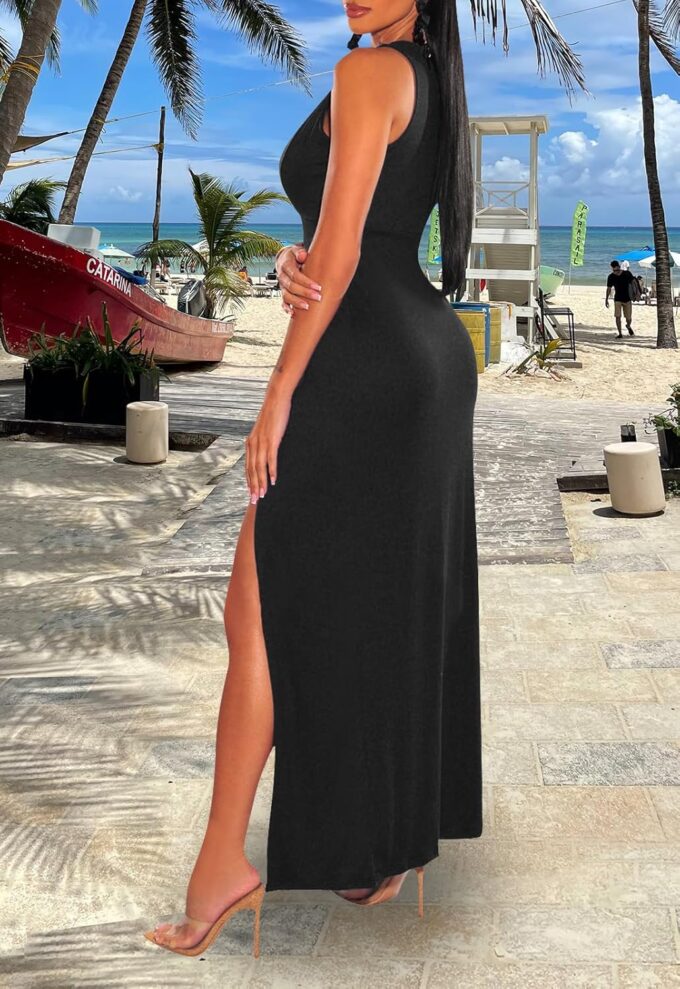 Sexy Maxi Dress for Women Sleeveless Front High Split Deep V Neck Party Long Bodycon Tank Dress – Bild 4