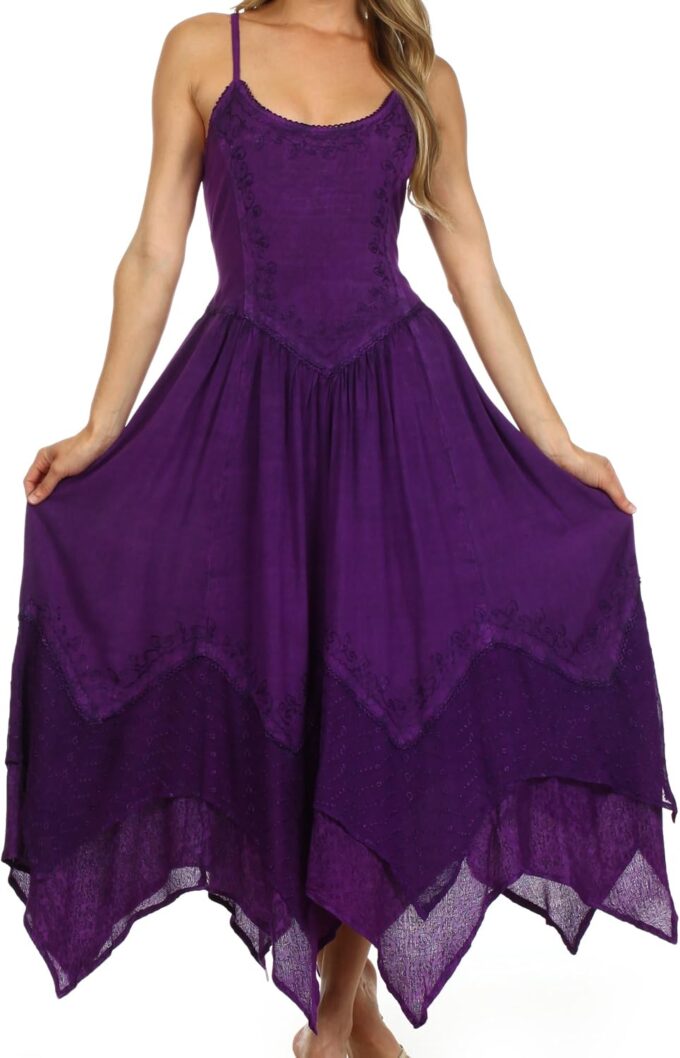 Sakkas Rayon Embroidered Stonewashed Adjustable Spaghetti Straps Long Dress