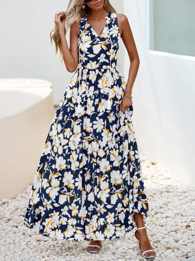 BTFBM Womens Summer Maxi Dresses 2025 Casual Sleeveless V Neck Loose Fit Floral Boho Dress Beach Long Sundress – Bild 2