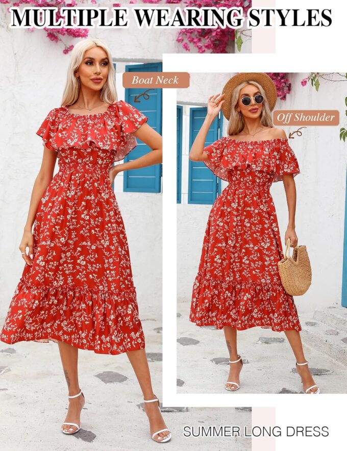 Prettywear Women's 2025 Spring Summer Boho Off Shoulder Midi Dress Floral Short Sleeve A Line Casual Beach Vacation Dresses – Bild 3