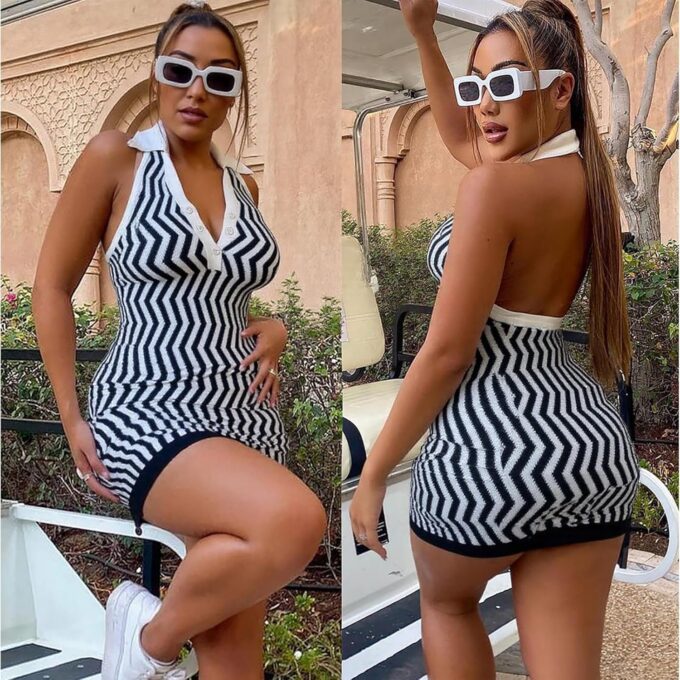 Ryehack Women’s Summer Halter Dress Backless Sundress Striped V Neck Bodycon Mini Beach Dress Y2k Sexy Casual Tank Dress – Bild 2