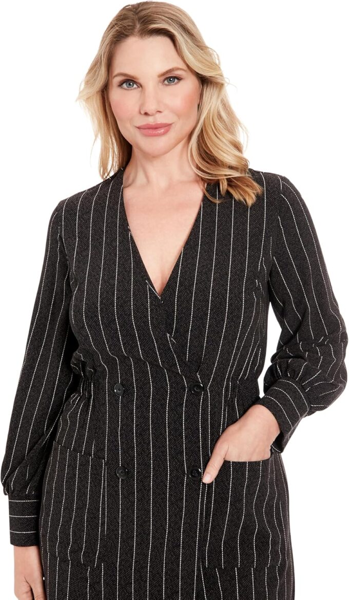 Suzi Chin Damen Women's Long Sleeve Pinstripe Wrap V-Neck Double-Breasted Knee Length Office Wear Casual Work Dresses Lässiges Business-Kleid – Bild 4