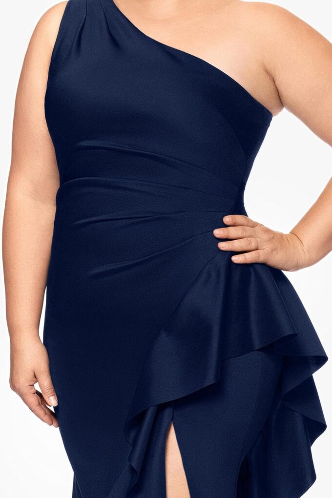 Xscape Women's Plus One Shoulder Ruffle Bodice Floor Length Side Slit Evening Dress – Bild 4
