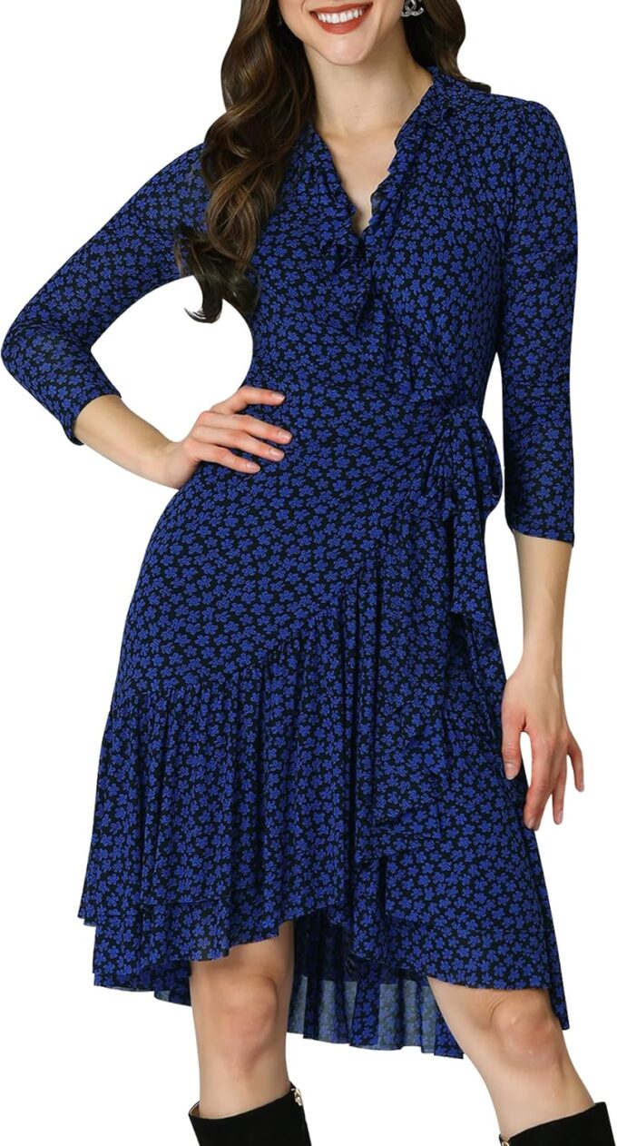 KOH KOH Damen-Midikleid mit langen Ärmeln, Rüschen, fließend, für Hochzeitsgäste