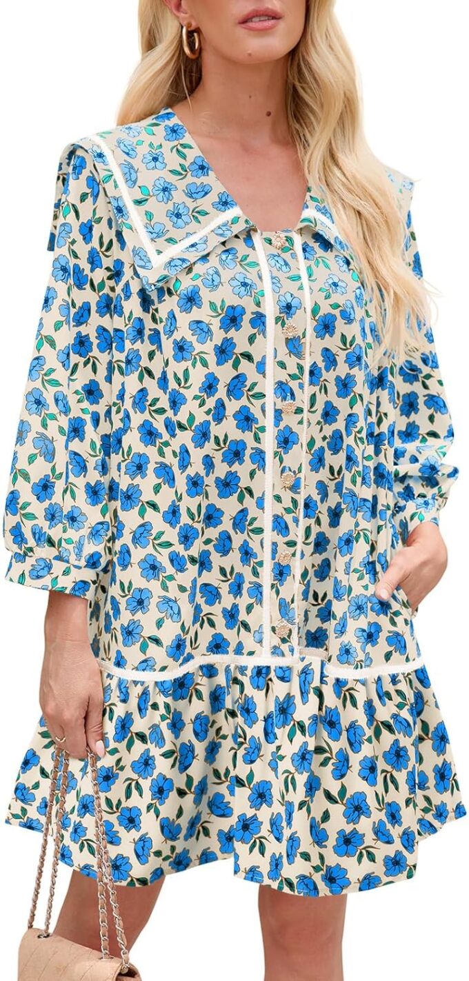 Wenrine Womens Casual Shirt Dresses 3/4 Long Sleeve Floral Button Down Flowy Babydoll Fall Mini Dress