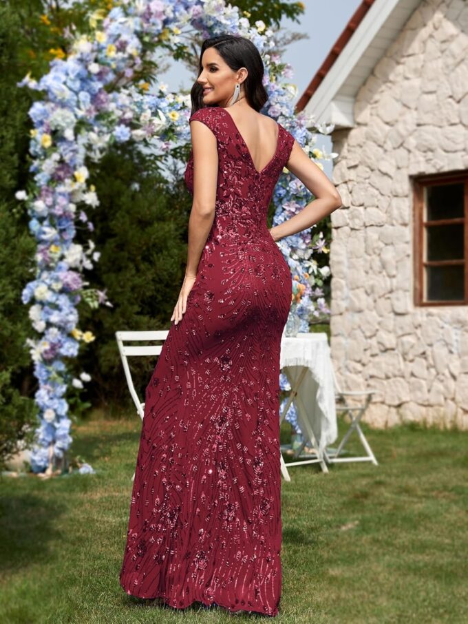Womens Sequined Long Evening Gown Glamous Sleeveless V-Neck Mermaid Prom Dress for Wedding Party Club Occasions – Bild 2