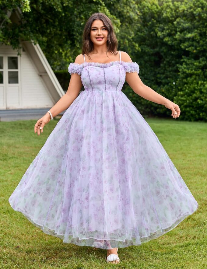 Floral Garden Dresses for Women 2025 Elegant Classy Tulle A Line Maxi Sundresses Sleeveless Smocked Off Shoulder Dress – Bild 2