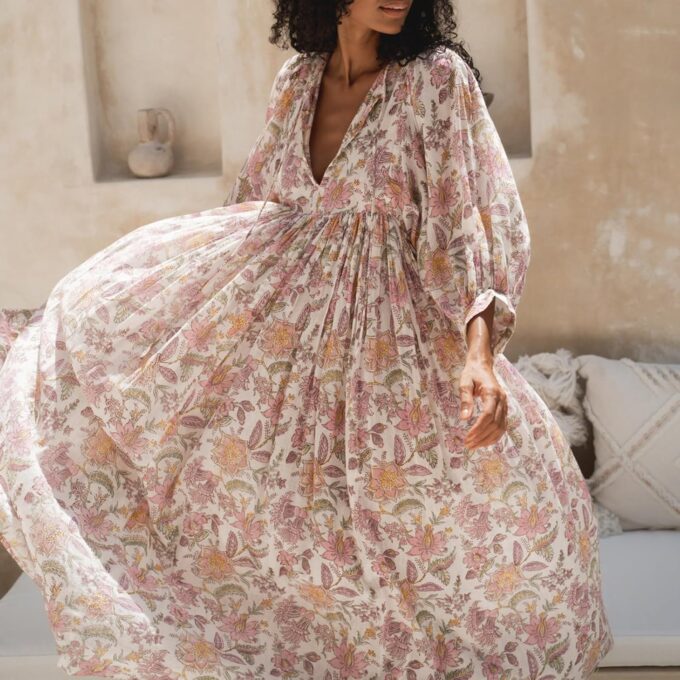 Women Floral Maxi Dress,y2k Boho Printed 3/4 Lantern Sleeve V Neck Dress Beach Loose Swing Sundress Clubwear – Bild 3