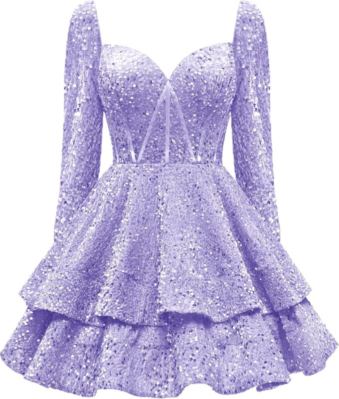 OFEECHUN Women's Long Sleeve Sequin Homecoming Dress Short Layered Sparkly Cocktail Prom Gowns – Bild 5