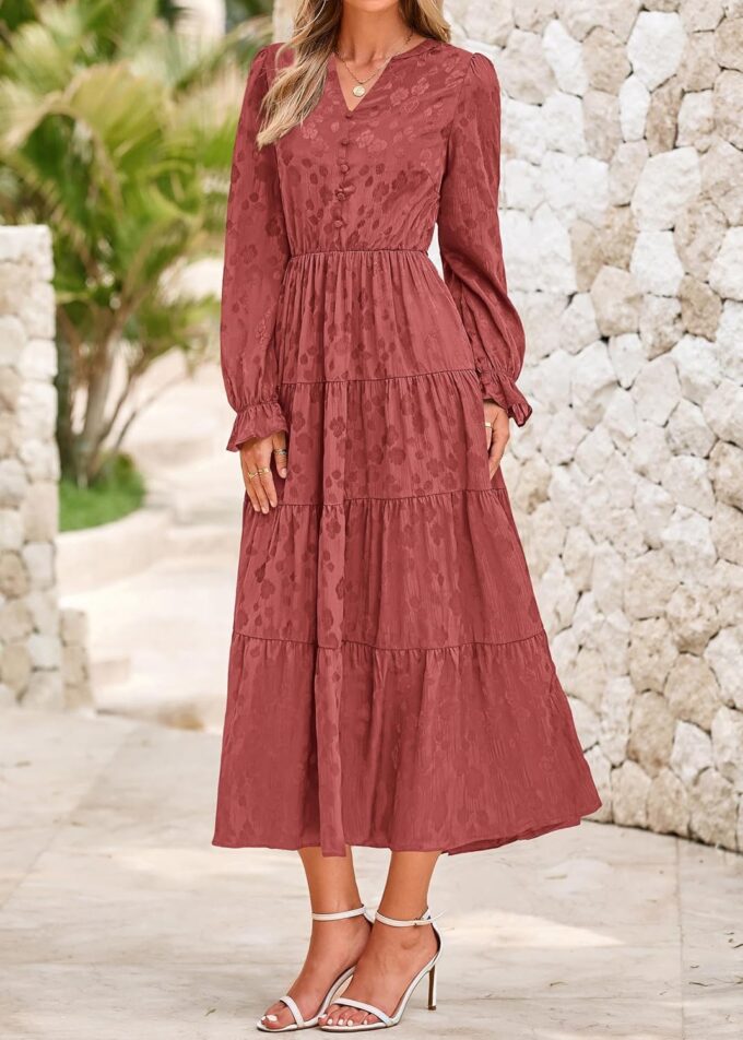 KIRUNDO Dresses for Women 2025 Elegant Classy Fall Wedding Guest Maxi Long Sleeve Empire Waist Ruffle Tiered Flowy Long Dress – Bild 7