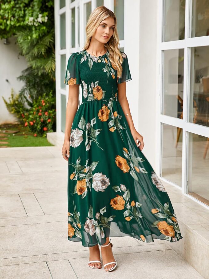 Simplee Womens Summer Floral Casual Maxi Dresses Flutter Short Sleeve Crew Neck Smocked Chiffon Boho Flowy Dress – Bild 3